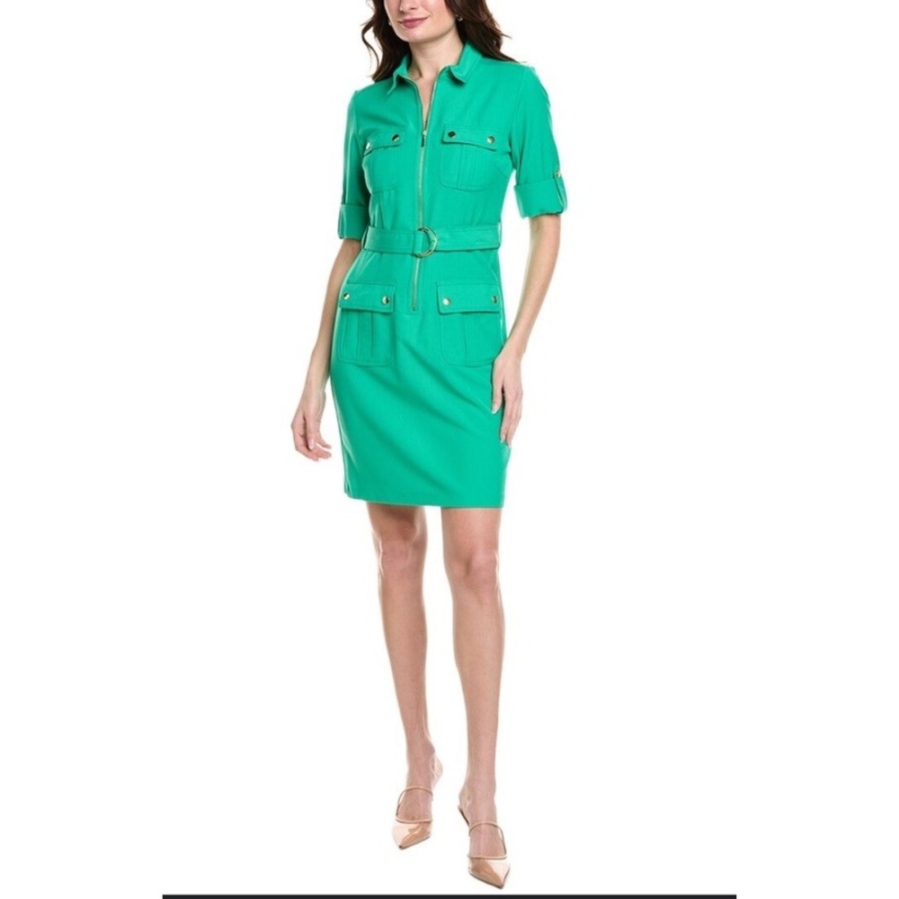 Sharagano Light Green‎  4-Pocket Zip Belted Shirt Dress Roll Tab Size 10 New
